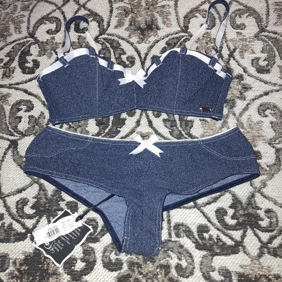 Chantal Thomass Victoria's Secret Denim Ribbon Cheeky Panties S & Bra 34B Set - Picture 1 of 13